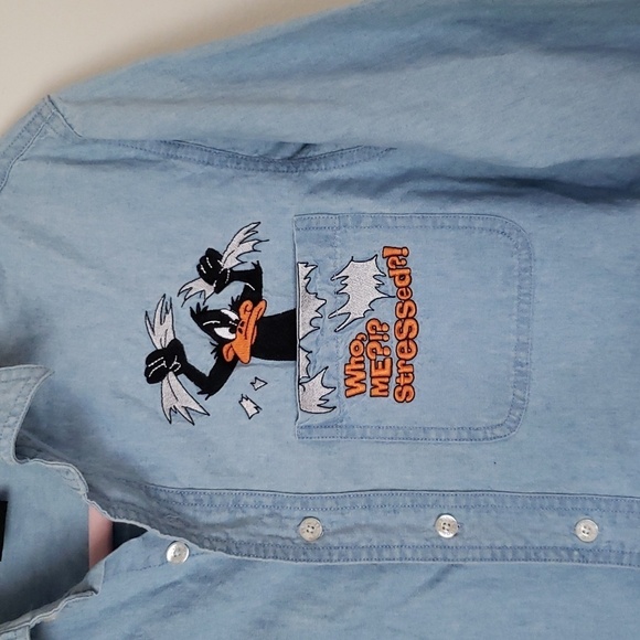 Warner brothers daffy duck 'stressed' denim button down shirt, women's size XS - Picture 2 of 5